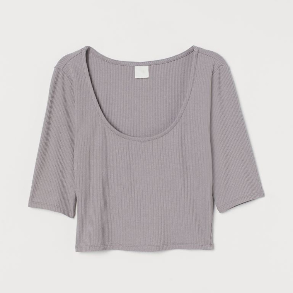 H&M Ribbed Cropped 1/2 Sleeve Taupe Mauve Stretchy Crop Top Size Large